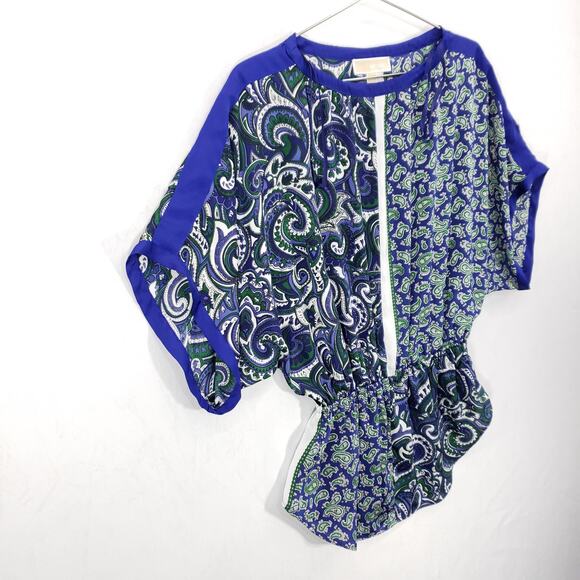 Michael Kors Blouse Womens 4 Blue Green Paisley Print Elastic Waist Pullover Top - Picture 2 of 8